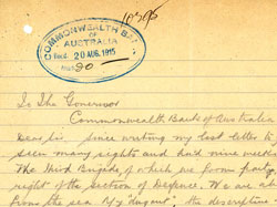 Page 1/2: Letter from Ernest Hilmer Smith to Governor Denison, Gallipoli Peninsula, 27 June 1915