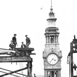 View of the roof of the Commonwealth Bank of Australia’s head office under construction, 22 April 1915, looking across to the clock tower of the General Post Office, Sydney. PN-000670